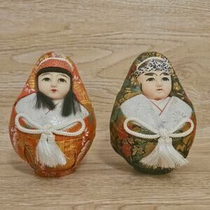 Vintage Japanese Asian Gofun Wedding Dolls Bride Groom Set of 2 Kimono Brocade